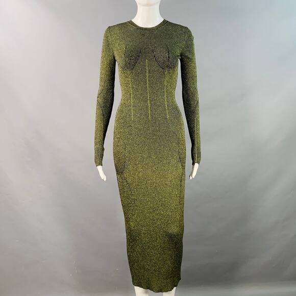 DEL CORE S Black Metallic Green Merino Wool Blend Rib Knit Long Cocktail Dress - Picture 1 of 7
